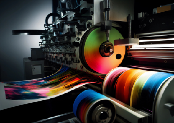 A gray mechanical loom sits in the center of a room, filled with threads of various colorful paint, and begins to finish a printed work of art on top of a white sheet of paper almost entirely filled with color.